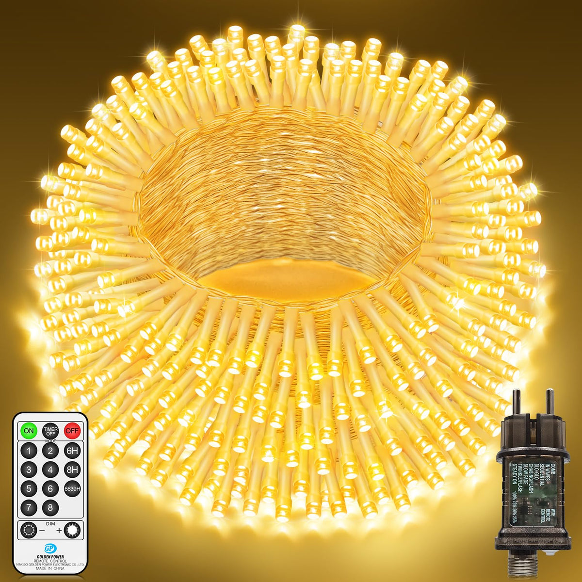 Catena luminosa esterna 18 m 600 LED impermeabile con timer e telecomando – Bianco caldo