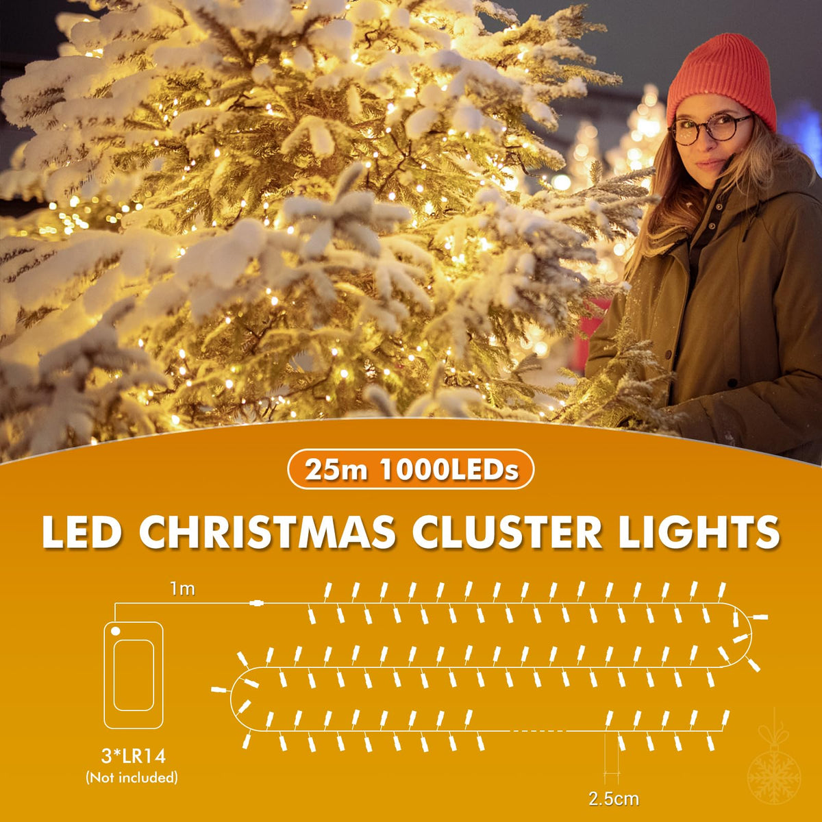 Luci natalizie a batteria 25 m 1000 LED bianco caldo impermeabili
