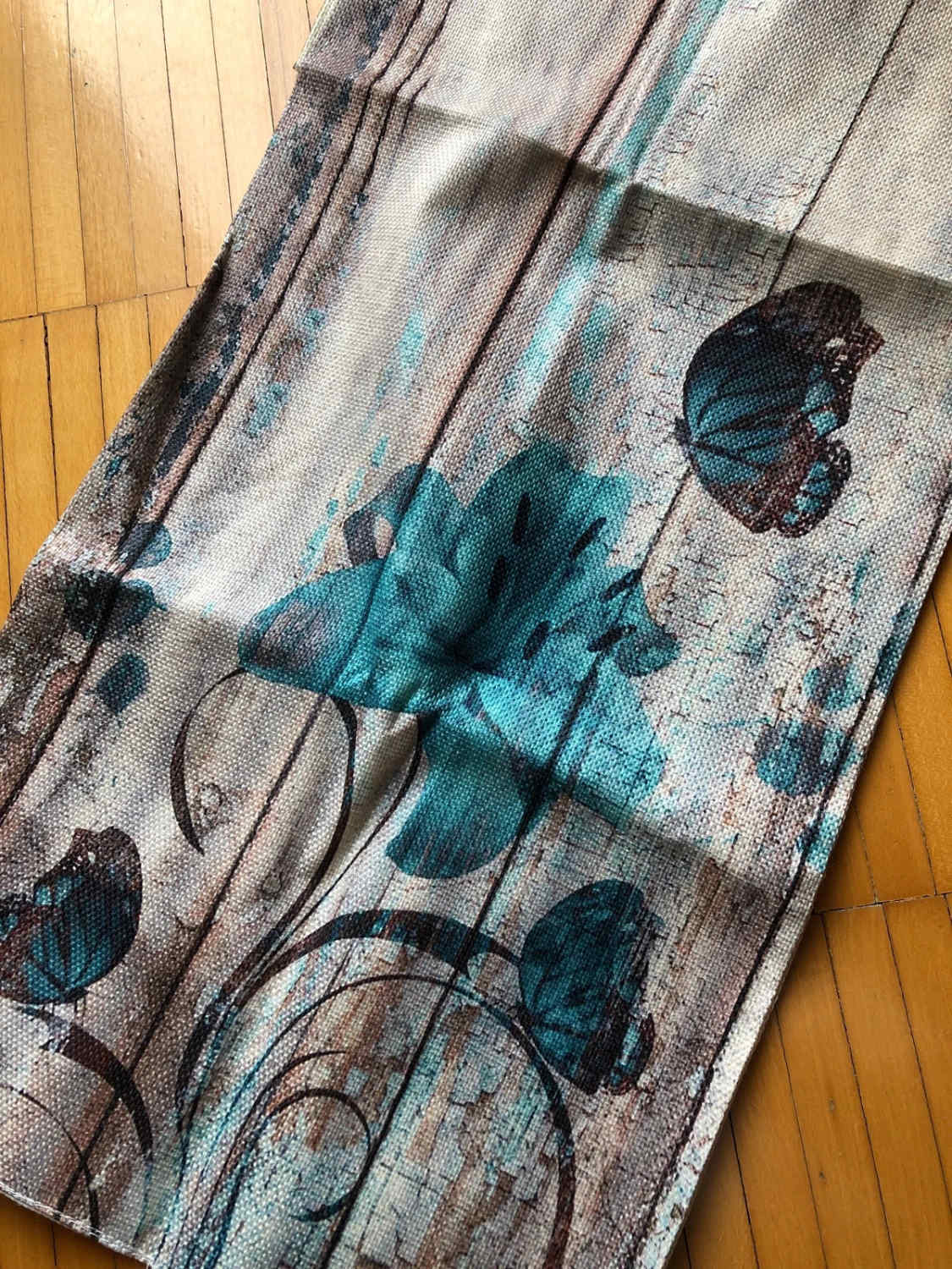 Runner da tavolo moderno con motivo gigli turchese – 33x183 cm