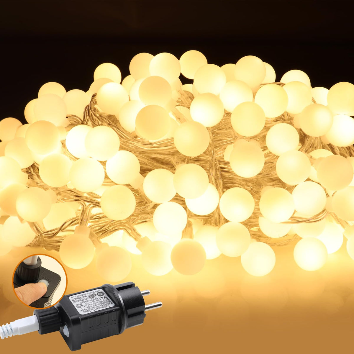 Catena luminosa a sfere 20 m 200 LED bianco caldo con timer e 8 modalità, IP44