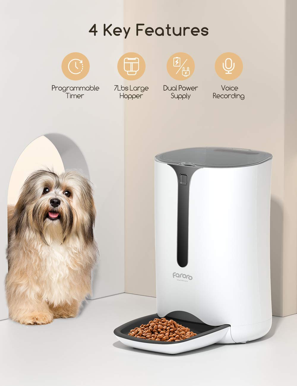 Distributore automatico cibo per gatti 7L con timer e registrazione vocale – Bianco