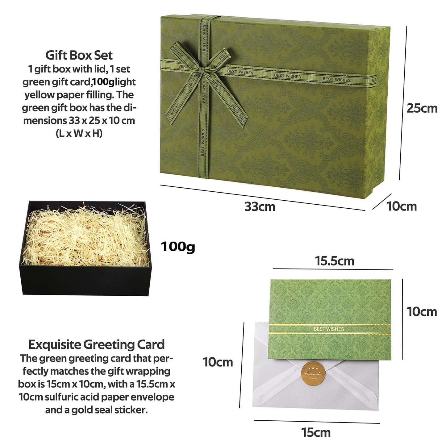 Set scatola regalo verde 33x25x10 cm con carta e biglietto