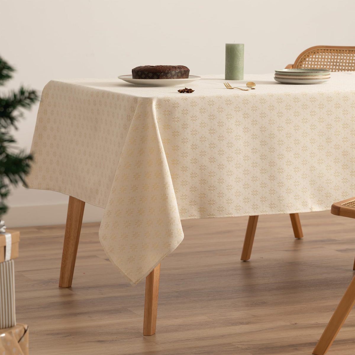 Tovaglia natalizia jacquard con filo oro rettangolare – Ecru 140x300 cm