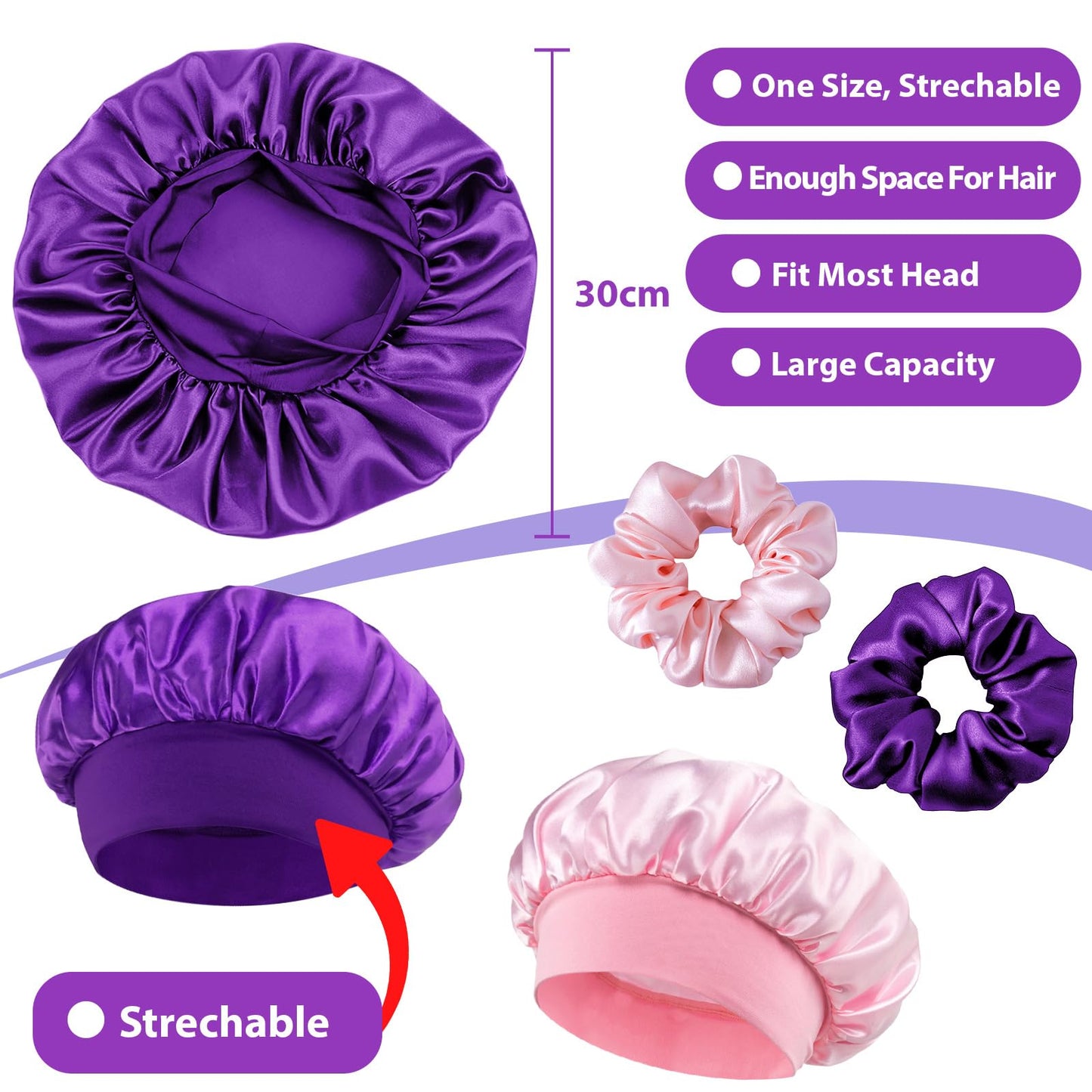 Cuffia in raso per capelli con elastici, cuffia notte in seta per capelli lunghi e corti – Viola/Rosa